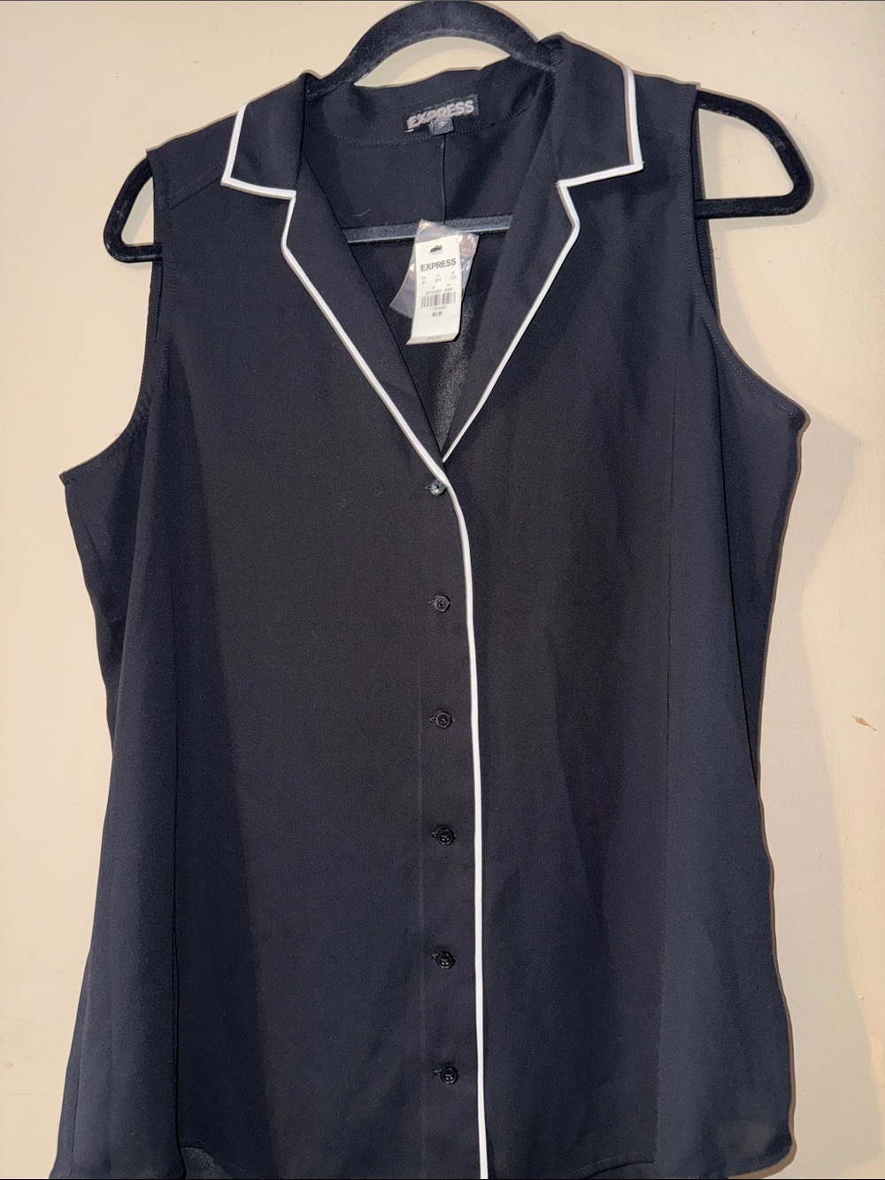 Express Navy Sleeveless Button-Front Top with White Piping